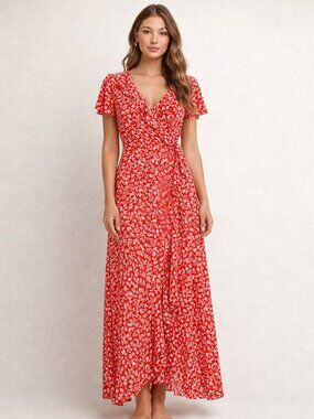 Red Floral Flutter Sleeve Faux Wrap Maxi Dress Side Slit Romantic Coquette S